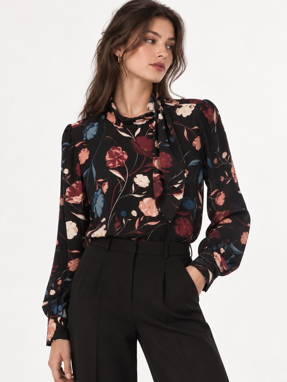 RW&CO. Black Floral Tie-Neck Chic Elegant Blouse